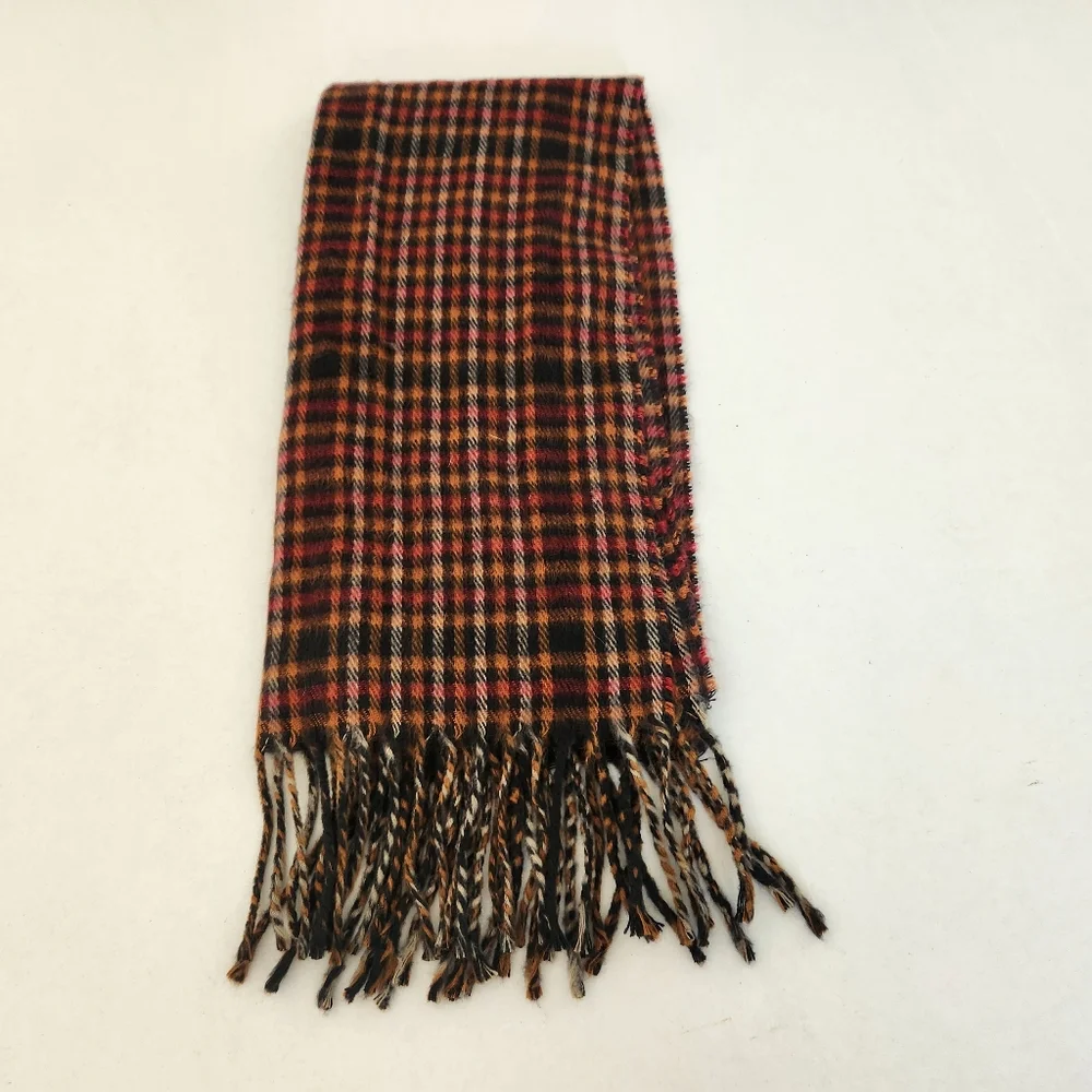 Geoffrey Beene Orange Black Red White Plaid Scarf ~ Italy